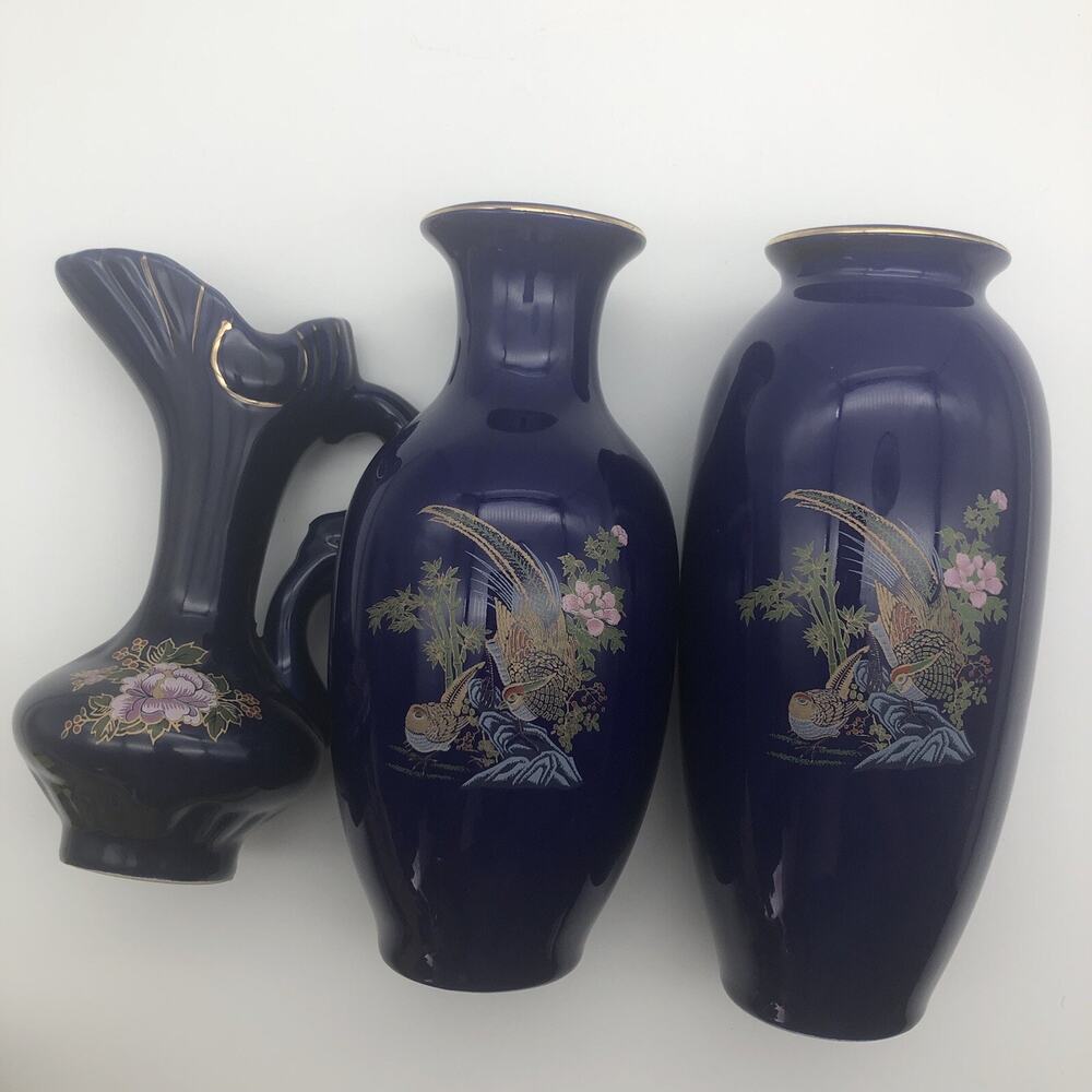 Vintage Oriental asian vase cobalt blue peacock floral design small vases lot 3